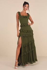 Compelling Romantic Olive Green Ruffled Tiered Maxi Dress 3