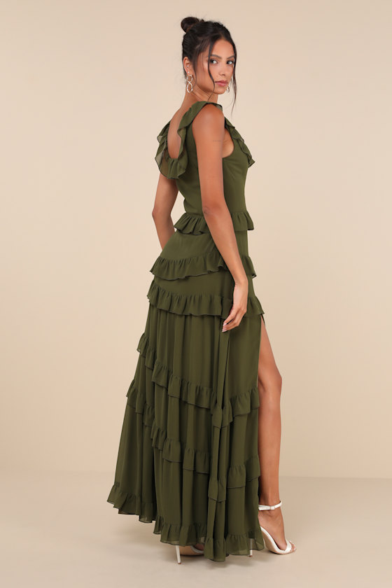 LULUS COMPELLING ROMANTIC OLIVE GREEN RUFFLED TIERED MAXI DRESS
