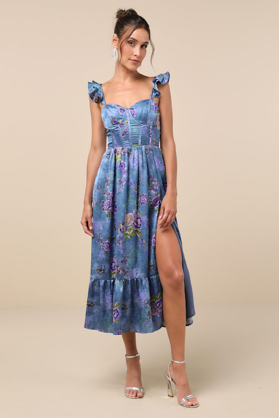 Image of Sweet Like Sangria Blue Floral Ruffled Bustier Midi Dress