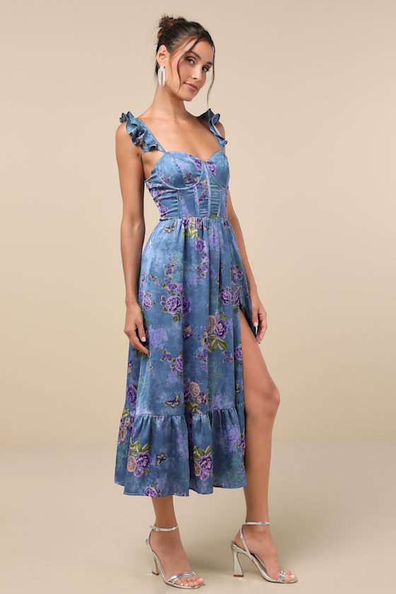 Lulus Sweet Like Sangria Blue Floral Ruffled Bustier Midi Dress In Blue
