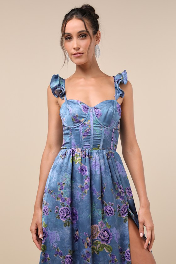 Lulus Sweet Like Sangria Blue Floral Ruffled Bustier Midi Dress In Blue