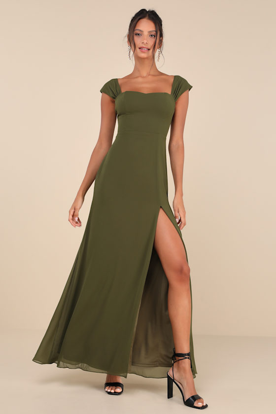 LULUS MAGICAL MAGNETISM OLIVE GREEN OFF-THE-SHOULDER MAXI DRESS