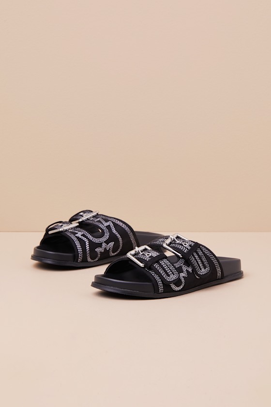Shop Shu Shop Devon Black Suede Western Embroidered Buckle Slide Sandals