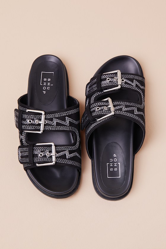 Devon Black Suede Western Embroidered Buckle Slide Sandals 3