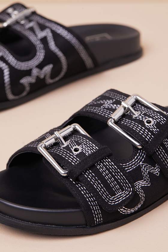 Shop Shu Shop Devon Black Suede Western Embroidered Buckle Slide Sandals