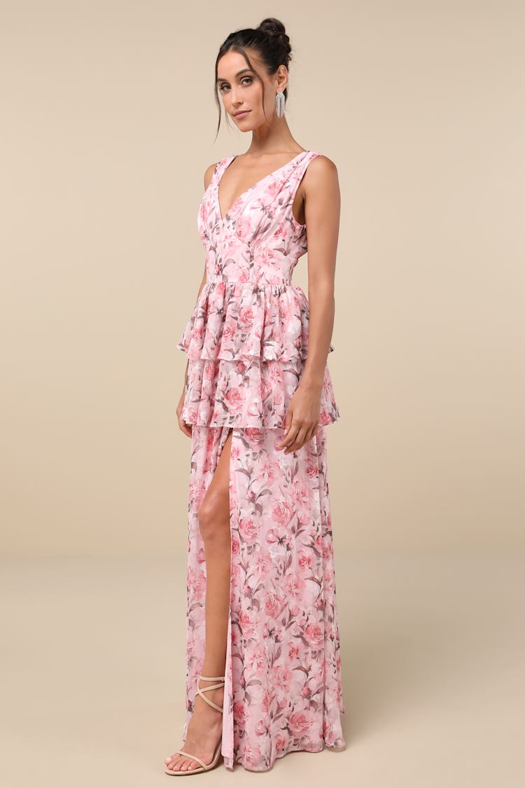 Graceful Approach Blush Pink Floral Jacquard Tiered Maxi Dress