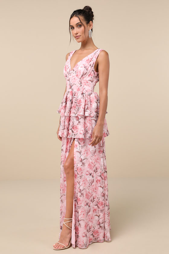 Graceful Approach Blush Pink Floral Jacquard Tiered Maxi Dress 3