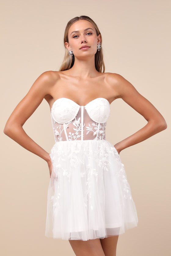 Marvelously Lovely White Tulle Embroidered Strapless Mini Dress 1