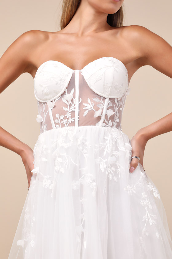 LULUS MARVELOUSLY LOVELY WHITE TULLE EMBROIDERED STRAPLESS MINI DRESS 