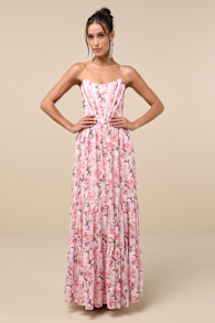 Special Moment Pink Floral Strapless Bustier Maxi Dress 3