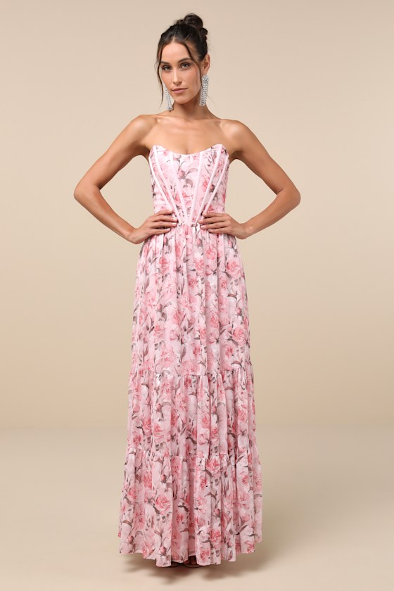 Special Moment Pink Floral Strapless Bustier Maxi Dress 3