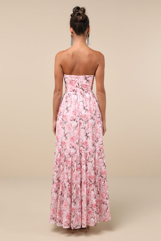 LULUS SPECIAL MOMENT PINK FLORAL STRAPLESS BUSTIER MAXI DRESS
