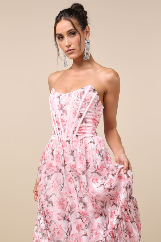 LULUS SPECIAL MOMENT PINK FLORAL STRAPLESS BUSTIER MAXI DRESS