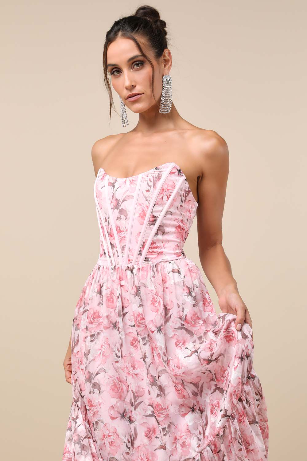 Garden Radiance Pink Floral Print Organza Tiered Maxi Dress