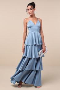 Going with Elegance Slate Blue Satin Tiered Gown 1