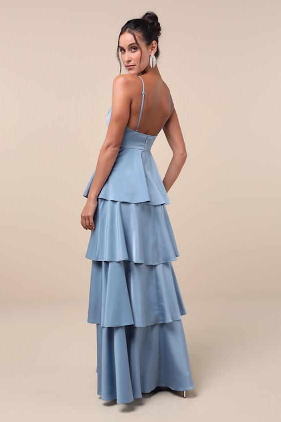 LULUS GOING WITH ELEGANCE SLATE BLUE SATIN TIERED GOWN