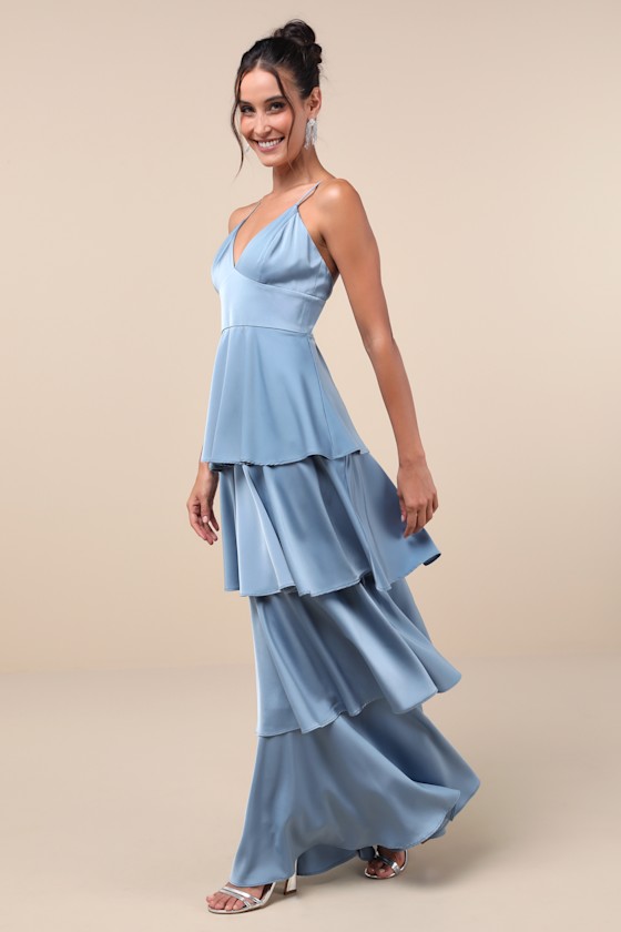 LULUS GOING WITH ELEGANCE SLATE BLUE SATIN TIERED GOWN