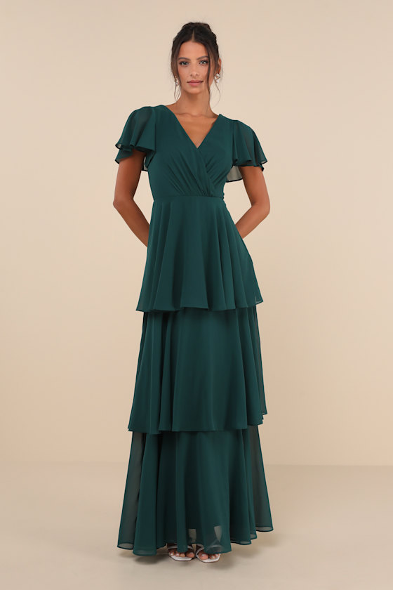 LULUS SINCERELY EXQUISITE EMERALD GREEN SHORT SLEEVE TIERED MAXI DRESS