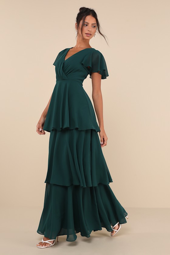 LULUS SINCERELY EXQUISITE EMERALD GREEN SHORT SLEEVE TIERED MAXI DRESS