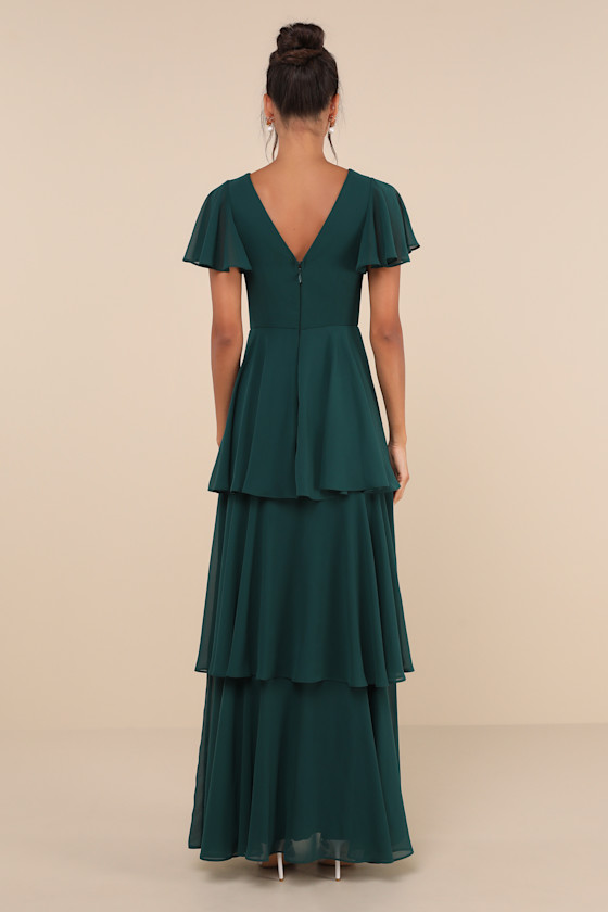 LULUS SINCERELY EXQUISITE EMERALD GREEN SHORT SLEEVE TIERED MAXI DRESS