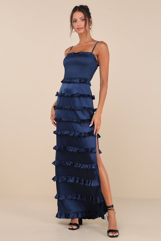 Lulus Sincerely Fabulous Navy Blue Satin Smocked Ruffled Maxi Dress In Navy Blue