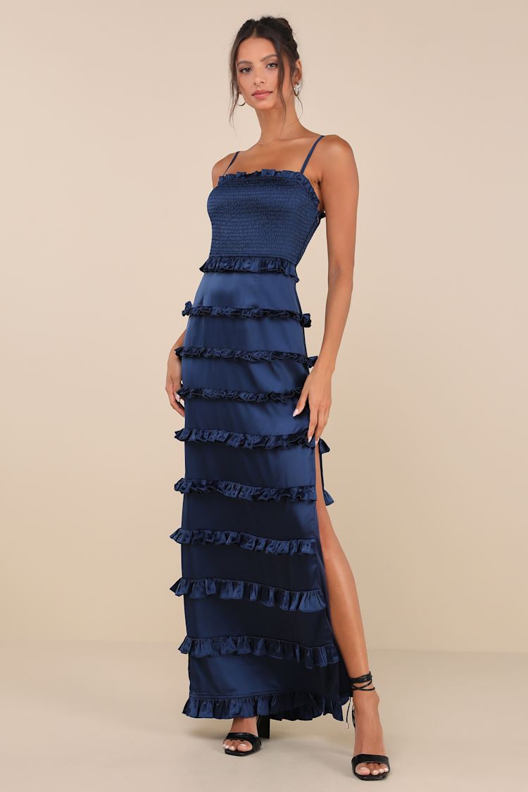 chinese dress ladies Blue Long Sleeve Maxi Dress with Cut Out & Ruffles M / US 6-8 main image 1