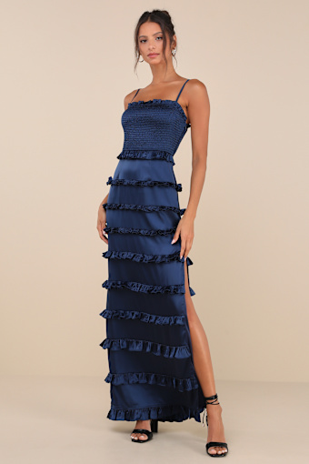 Sincerely Fabulous Navy Blue Satin Smocked Ruffled Maxi Dress 3