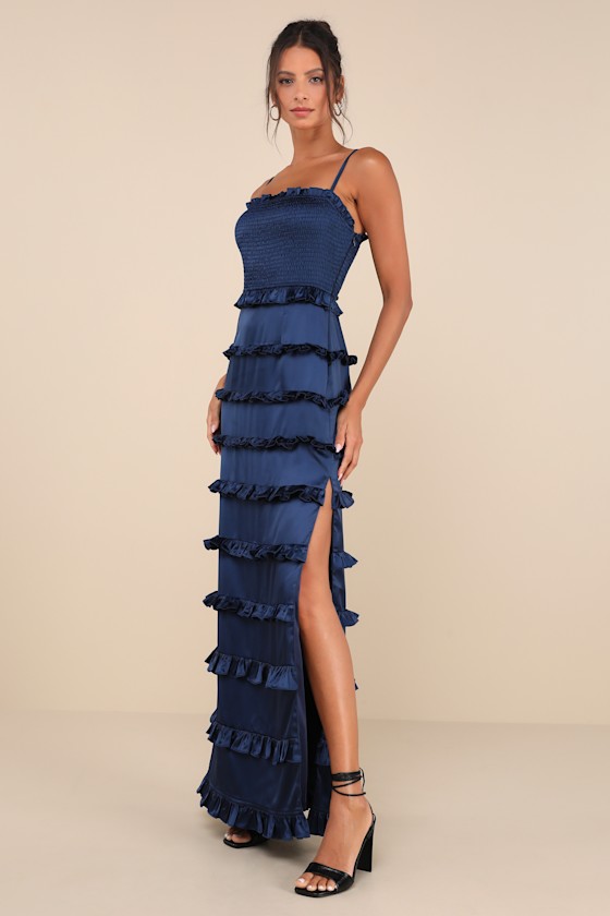 Lulus Sincerely Fabulous Navy Blue Satin Smocked Ruffled Maxi Dress In Navy Blue