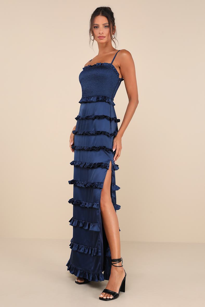 Sincerely Fabulous Navy Blue Satin Smocked Ruffled Maxi Dress