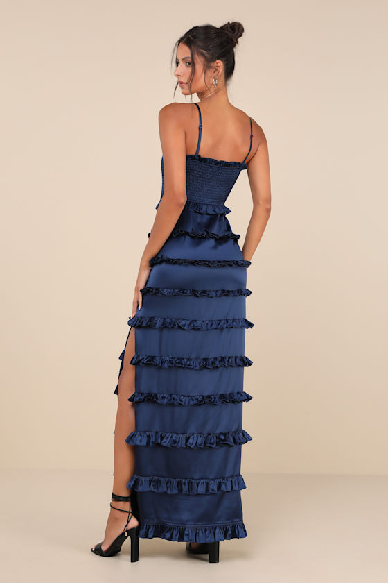 Sincerely Fabulous Navy Blue Satin Smocked Ruffled Maxi Dress 4