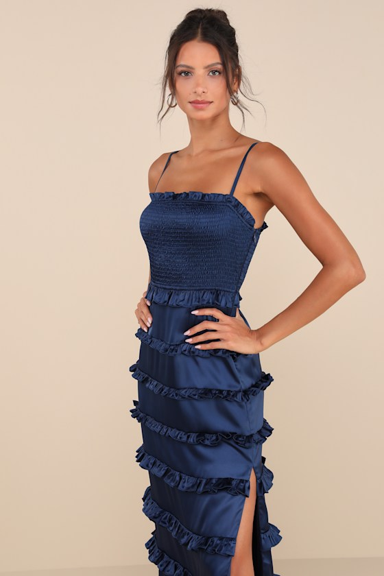 Lulus Sincerely Fabulous Navy Blue Satin Smocked Ruffled Maxi Dress In Navy Blue
