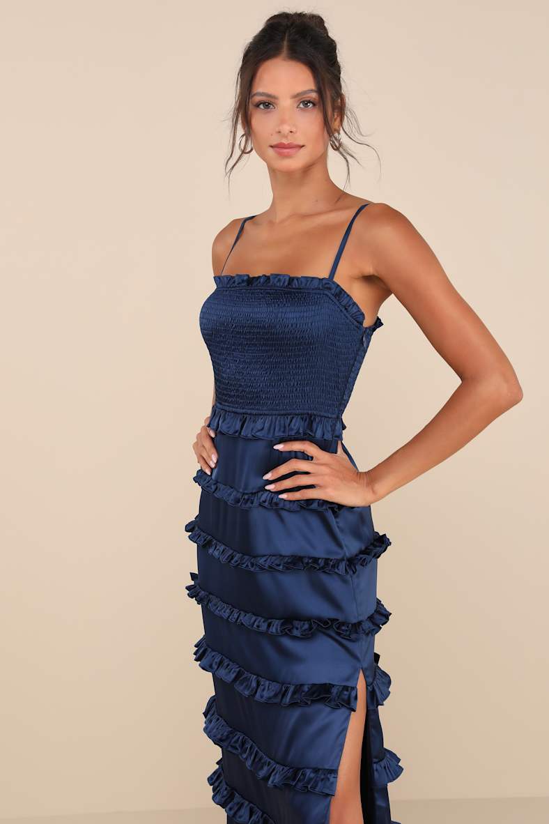 Sincerely Fabulous Navy Blue Satin Smocked Ruffled Maxi Dress