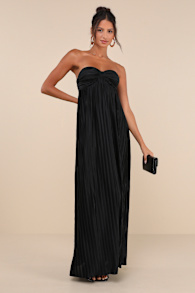 Whimsical Beauty Black Satin Plisse Strapless Maxi Dress 4