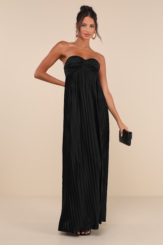 Whimsical Beauty Black Satin Plisse Strapless Maxi Dress 4