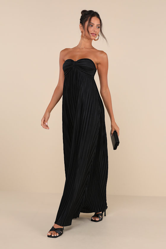 Lulus Whimsical Beauty Black Satin Plisse Strapless Maxi Dress In Black
