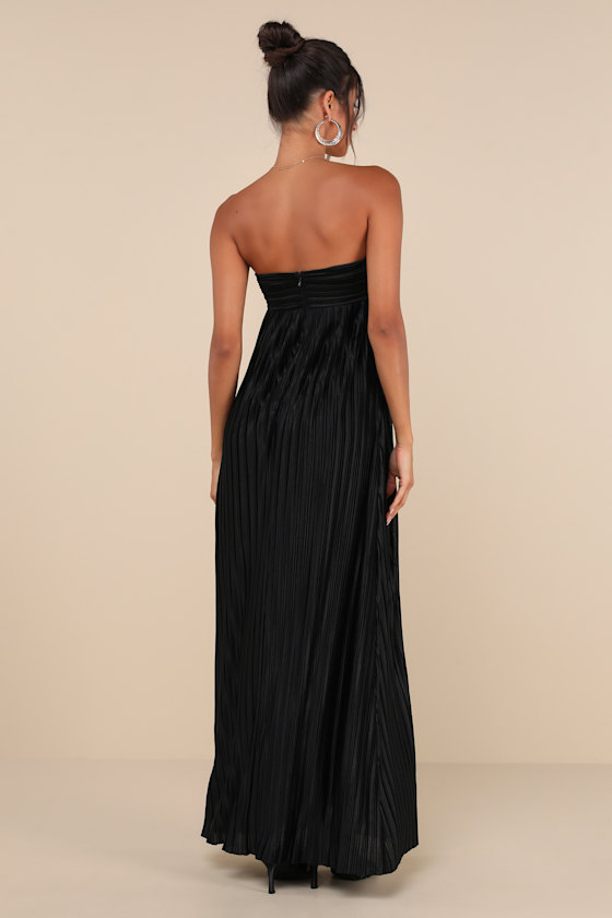 Lulus Whimsical Beauty Black Satin Plisse Strapless Maxi Dress In Black