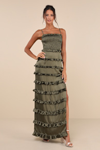 Sincerely Fabulous Olive Green Satin Smocked Ruffled Maxi Dress 3