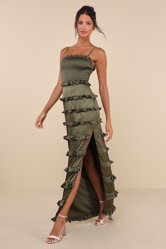 LULUS SINCERELY FABULOUS OLIVE GREEN SATIN SMOCKED RUFFLED MAXI DRESS