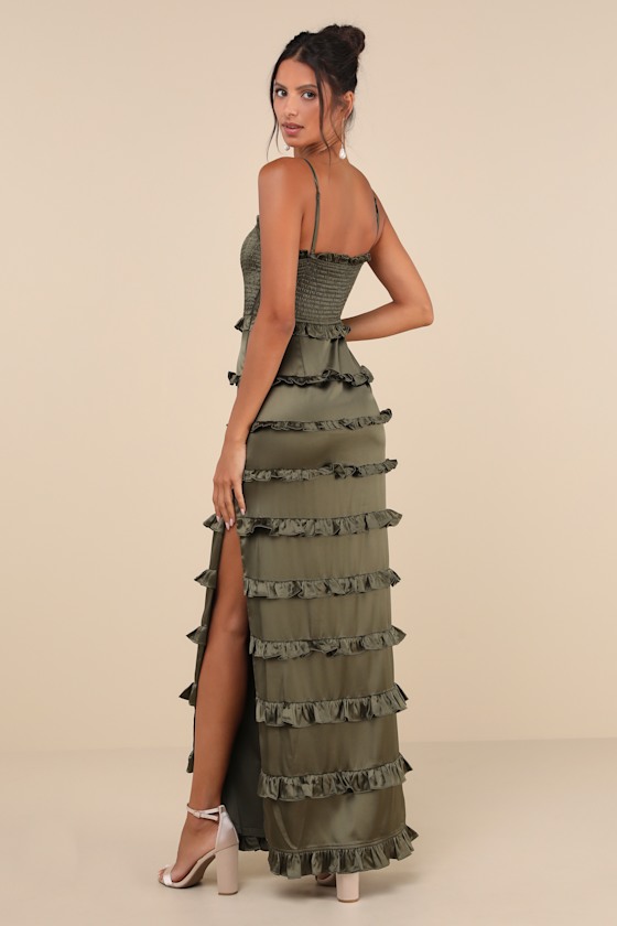 LULUS SINCERELY FABULOUS OLIVE GREEN SATIN SMOCKED RUFFLED MAXI DRESS