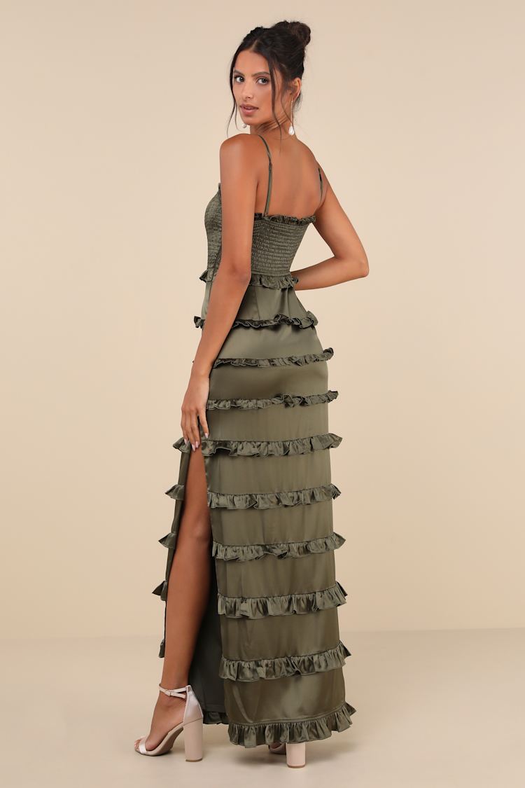 Sincerely Fabulous Olive Green Satin Smocked Ruffled Maxi Dress
