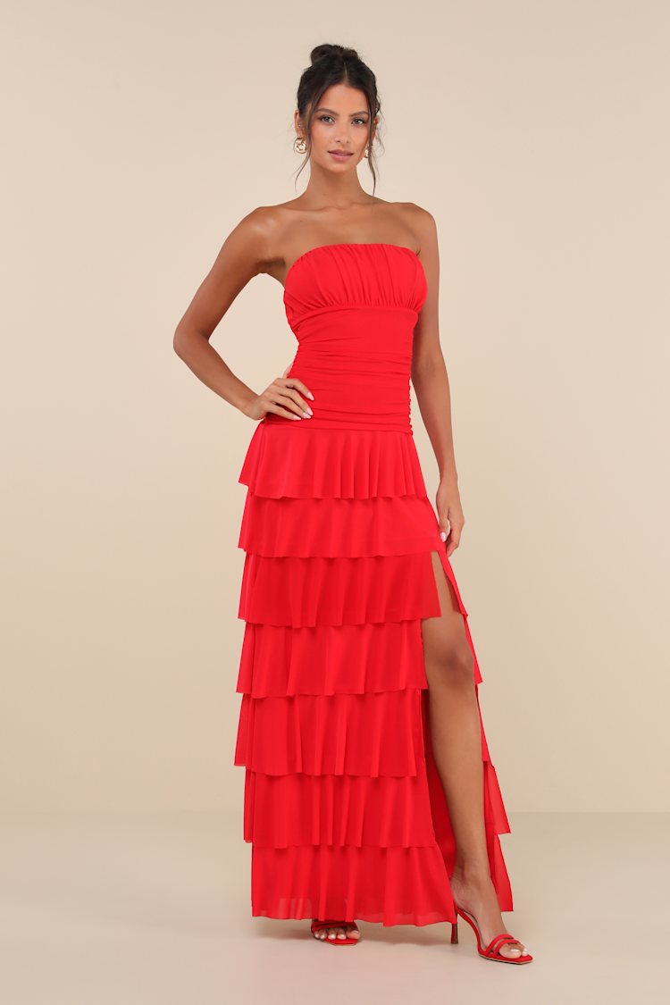 open lace back dress Women's Anahi Slit Ruffle Layer Mesh Floor Length Dress XXS/XS/S/M/L/Customize Red Mean Blvd Red / Xs main image 0