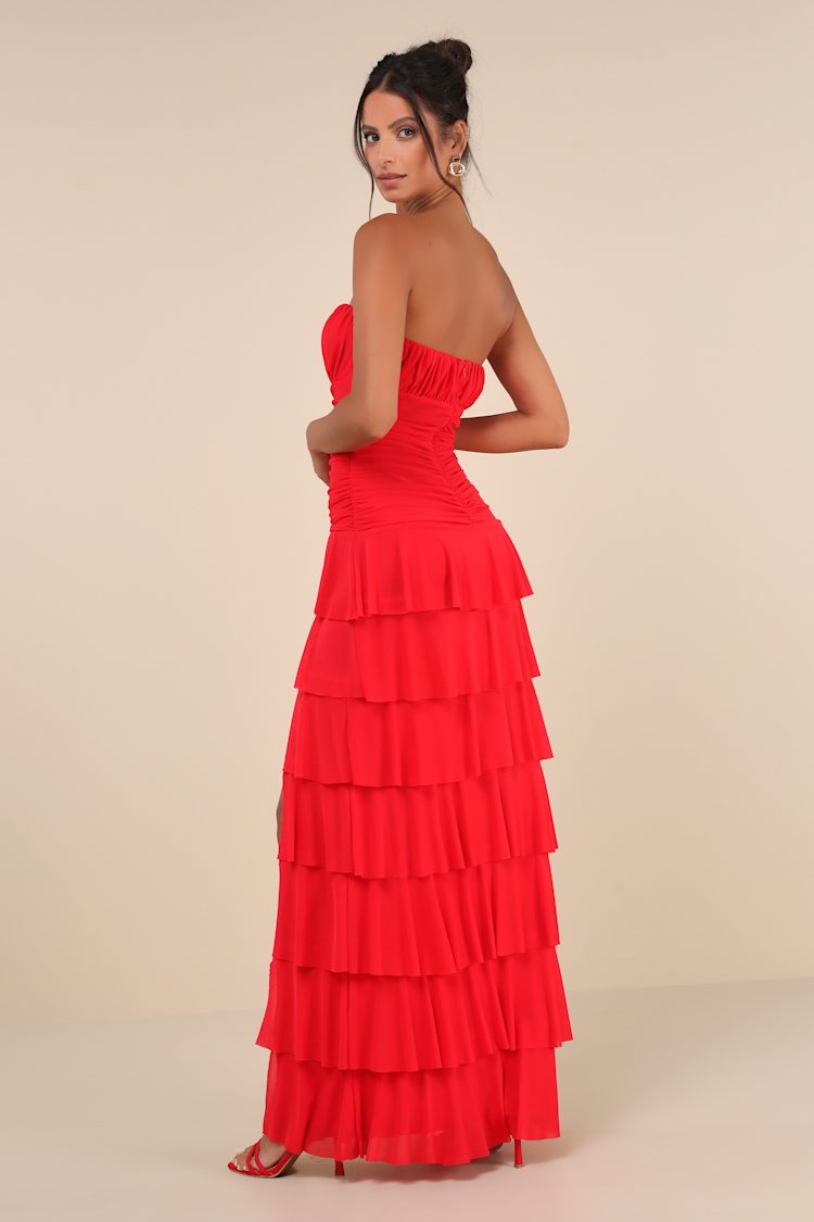 Exceptional Existence Red Mesh Ruched Tiered Maxi Dress