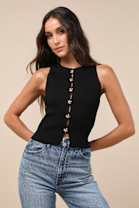 Conceptually Chic Black Ribbed Knit Button-Front Tank Top 2