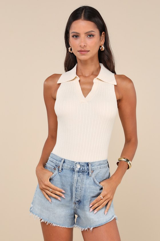 Ribbed Knit Sweater Top With Pocket - Cream main image 0