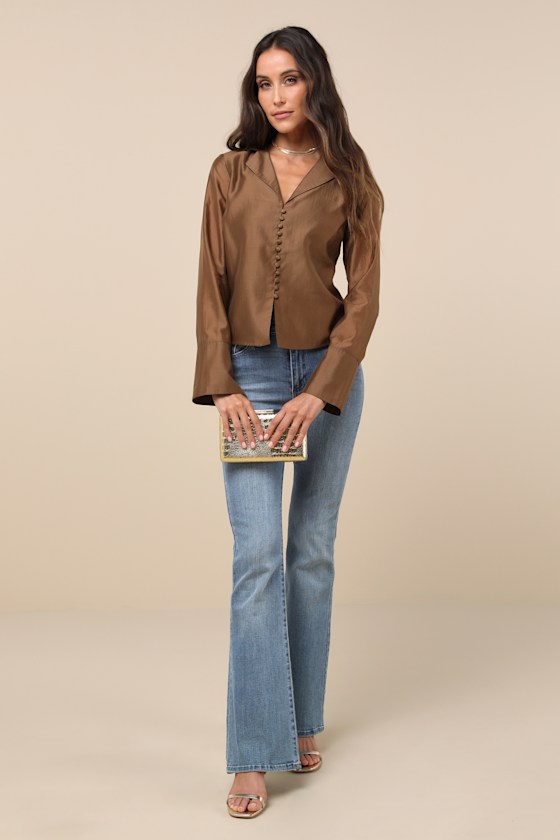 LULUS POISED ESSENCE BROWN COLLARED BUTTON-UP LONG SLEEVE TOP