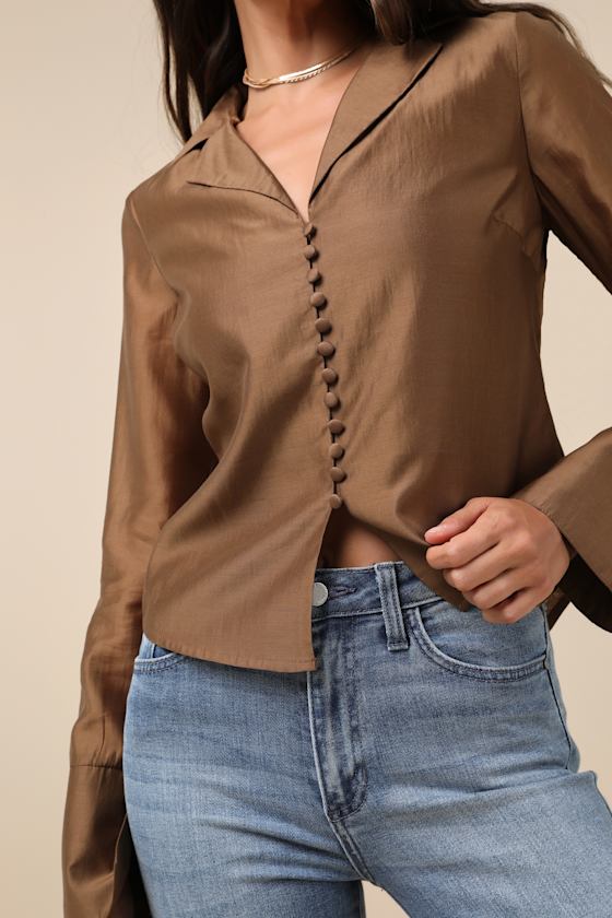 LULUS POISED ESSENCE BROWN COLLARED BUTTON-UP LONG SLEEVE TOP