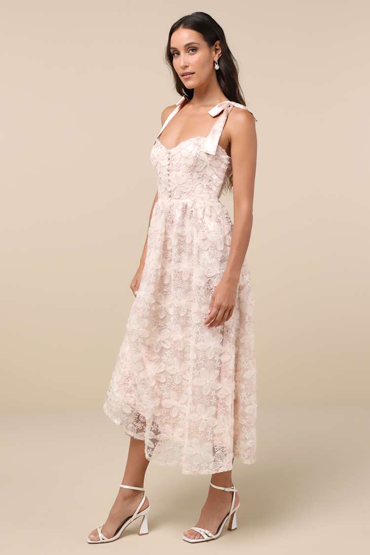 Precious Flair Blush Pink Sequin Floral Tie-Strap Midi Dress