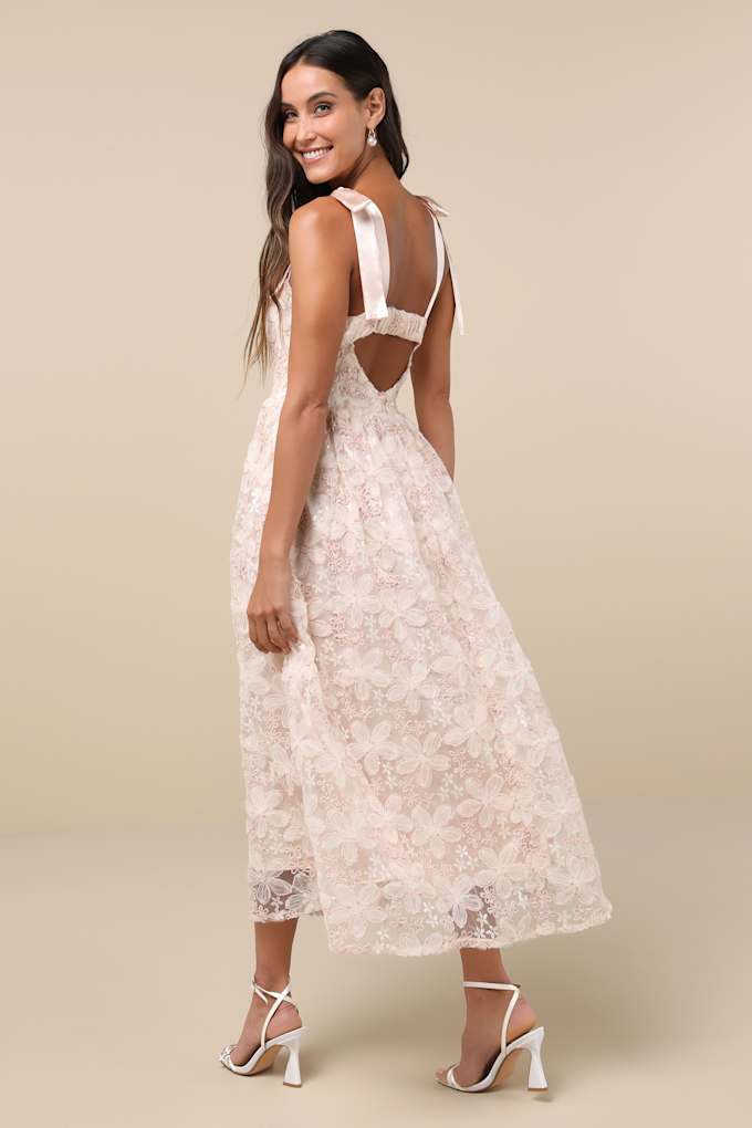 Precious Flair Blush Pink Sequin Floral Tie-Strap Midi Dress