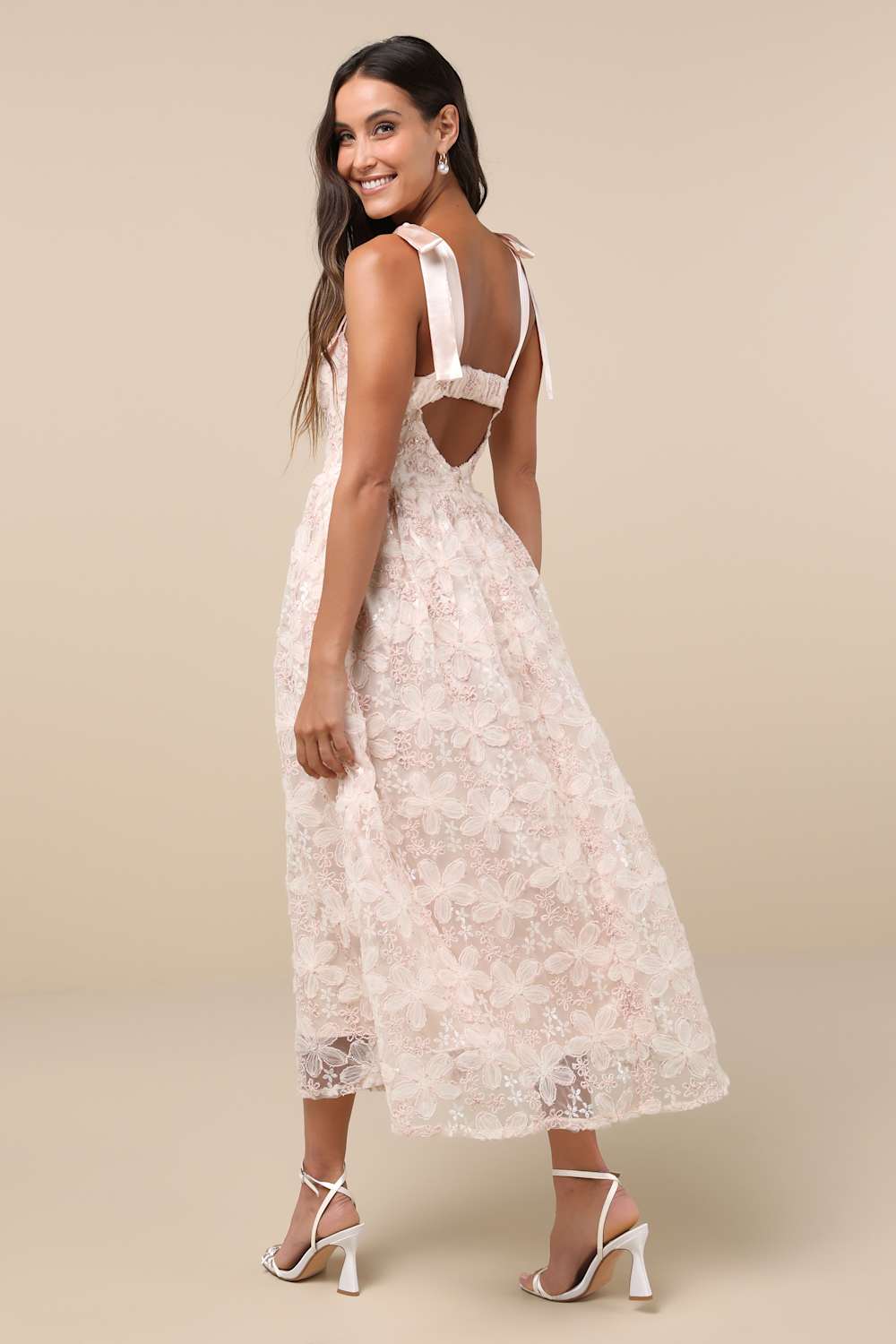 Precious Flair Blush Pink Sequin Floral Tie-Strap Midi Dress