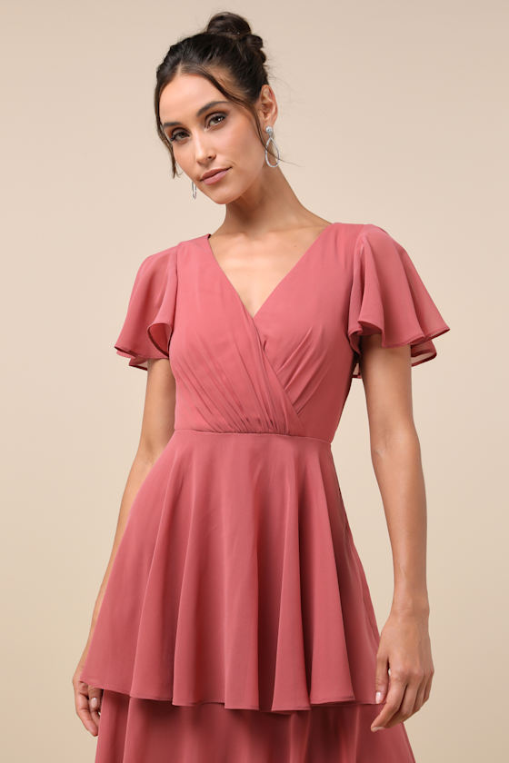 Lulus Sincerely Exquisite Rusty Rose Short Sleeve Tiered Maxi Dress In Pink